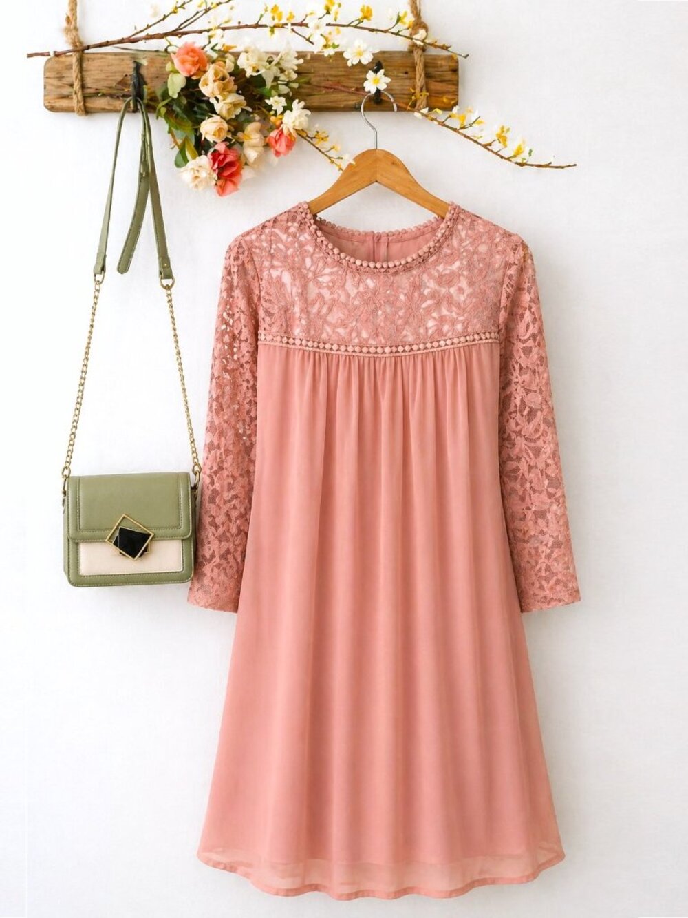Dusty Rose Sheer Lace Yoke Dress, Feminine Romantic, Boutique AUW Brand Size S